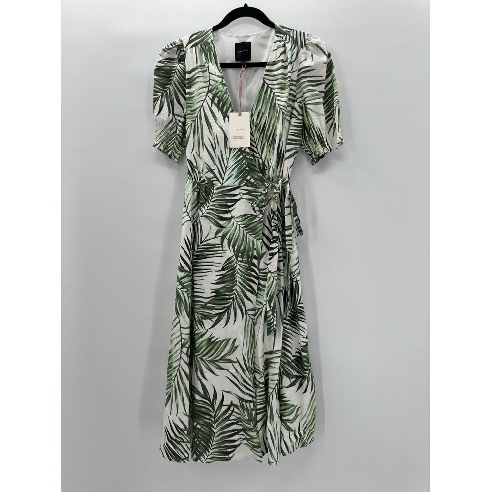 Alex Marie Ashlyn Wrap Palm Paradise Linen Blend Dress Palm Print NEW